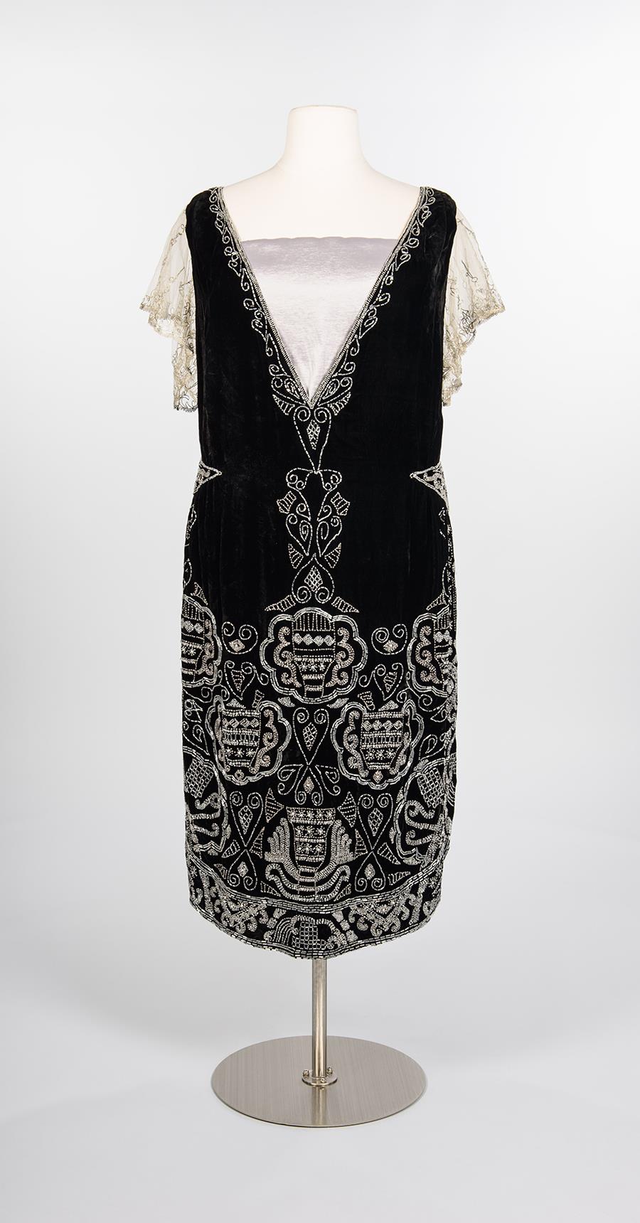 Image of Glass beaded black velvet gown, 1930